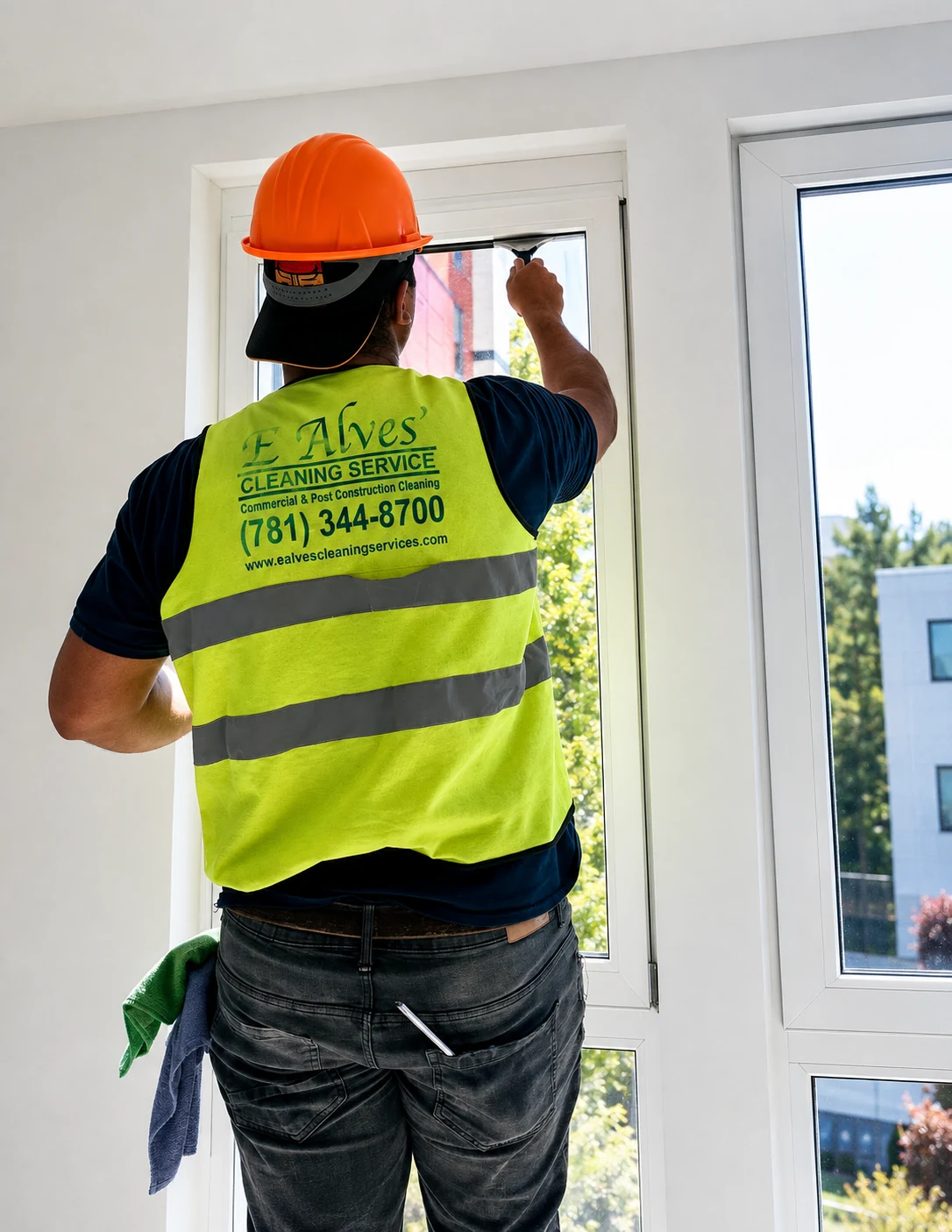An E. Alves Cleaning Service team member performing detail cleaning on site